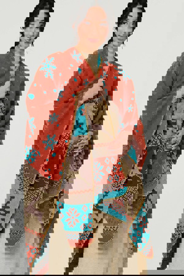 Orange | Nordic Print Hanky Hem Poncho
