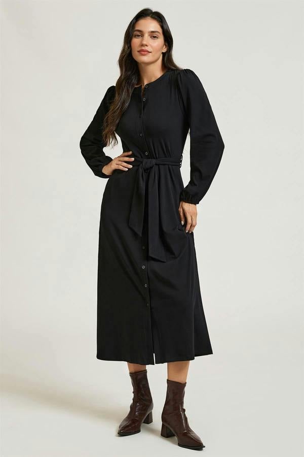 FS Collection Long Balloon Sleeve Jersey Midi Shirt Dress In Black