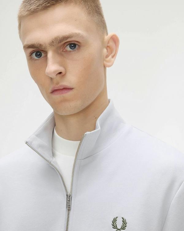 Fred Perry Mens Half Zip Sweatshirt - Dusky Blue/Ecru/Laurel Wreath Green 80B | CHO | Designer Mens Sweatshirts