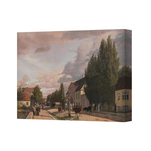 Benjamin Tate Design Canvas Print Village Street Scene With Cows In Sunset Sky