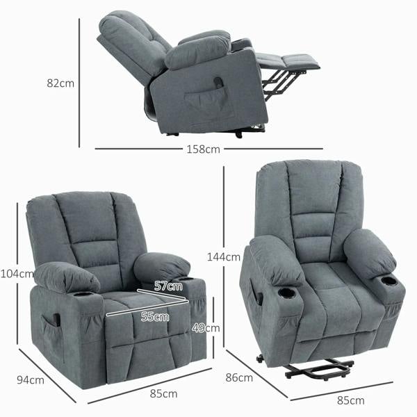 Grey fabric lift recliner chair with adjustable footrest, shown in side view