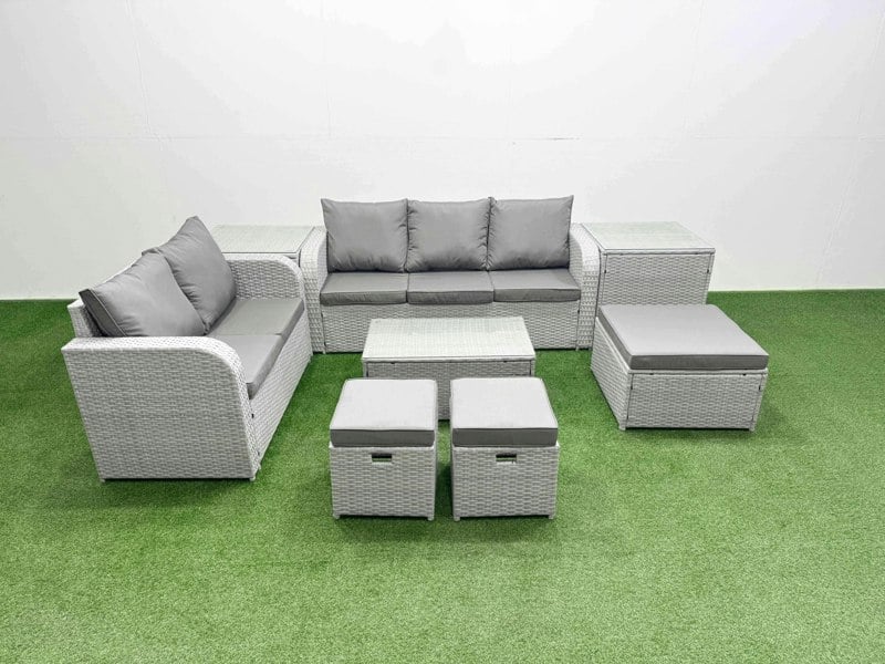 Fimous 8 Seater Rattan Conservatory Sofa Set - Rectangular Coffee Table, 3-Seater Sofa, Loveseat & 3 Stools