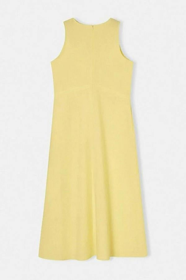 Linen Blend Straight Cut Midi Woven Dress with Stitching and Pocket Details