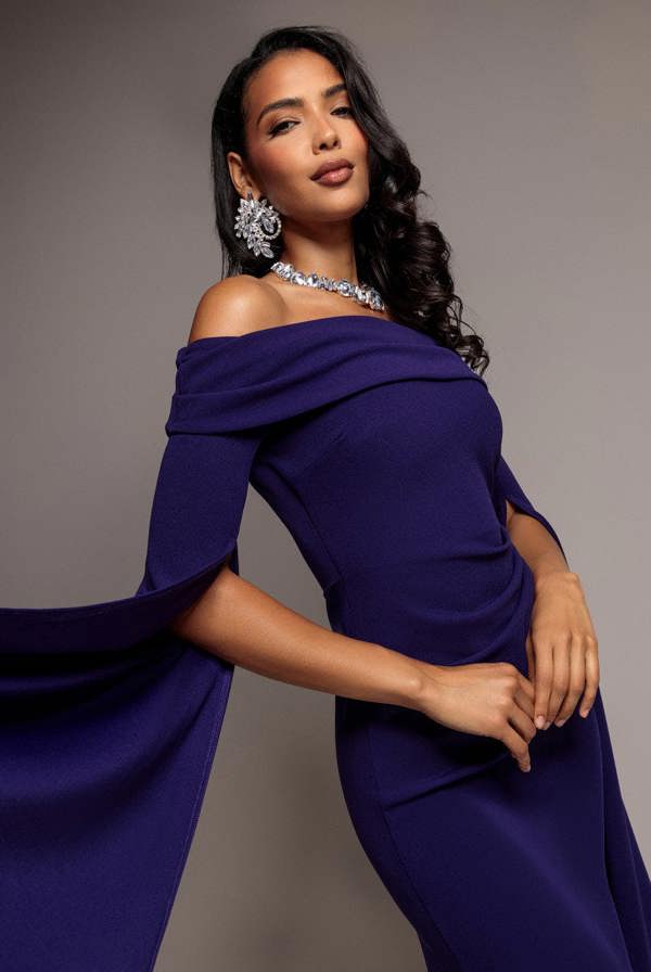 Off Shoulder Bardot Maxi Dress With  Split Cape Sleeves - Deep Purple DR5254
