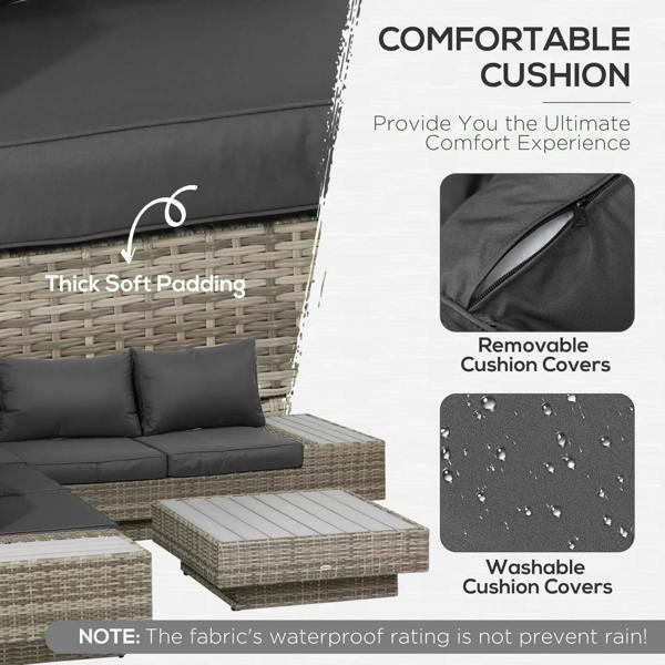 Outdoor rattan sofa cushion detail with removable, washable cushion covers