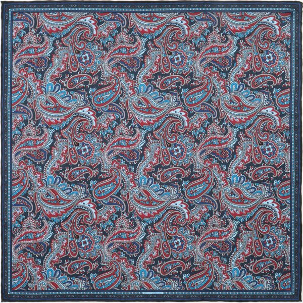 Otway & Orford 'Cypress' paisley silk pocket square in red & blue (42 x 42cm)