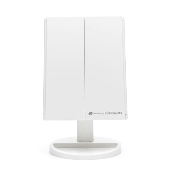 24 LED touch dimmable make up mirror with 2x 3x magnification in white with trii fold doors closed 