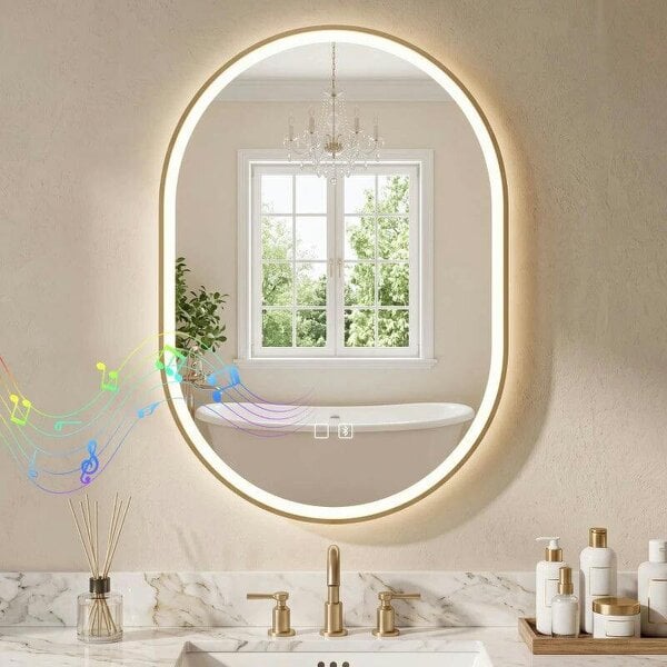 Bathroom Mirror with LED Lights, 100x70cm Oval Bathroom Mirror, Dimmable, Bluetooth, Anti-Fog, Gold Tone
