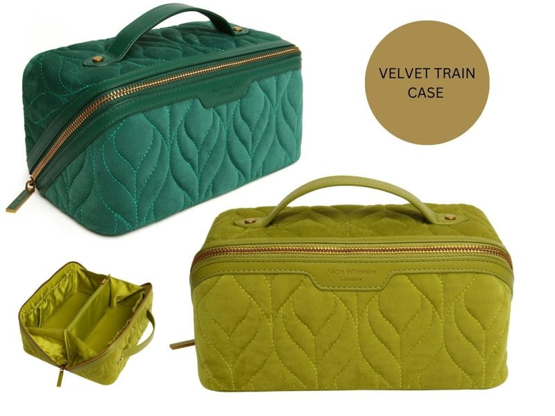Alice Wheeler Velvet Beauty Train Case – Travel Cosmetic Organiser with Gold Zip – 24 x 12 x 12 cm