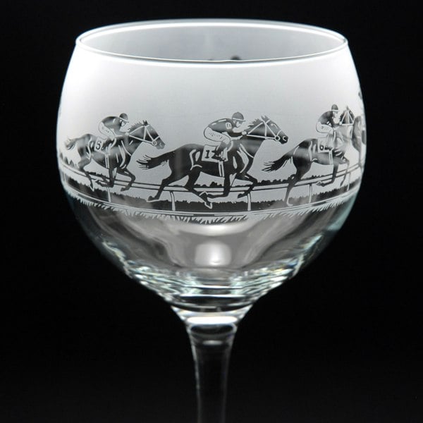 Glyptic Glass Art Horse Racing Gin Cocktail Glass - Hand Etched/Engraved Gift