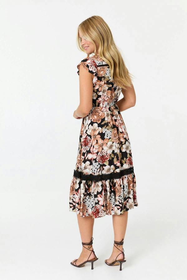 Black | Floral Cap Sleeve Relaxed Midi Dress