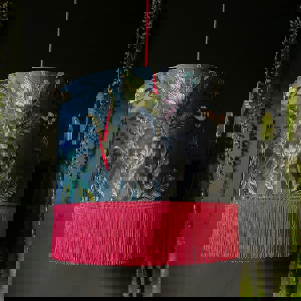 Handmade Fringed Velvet Lampshade in Smoke Blue and Hot Pink Fringing