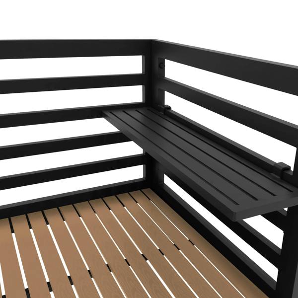 Aluminium and wood outdoor kitchen set featuring a sleek black frame, slatted wood surface, and a foldable side shelf for convenience