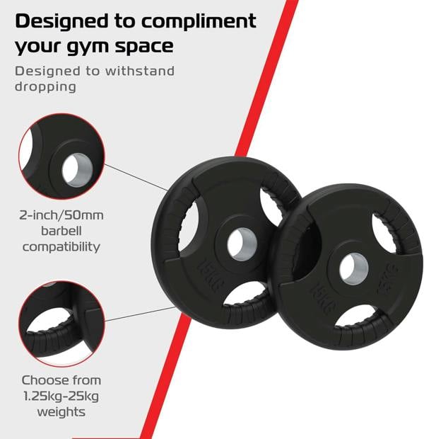 Black 15kg Olympic tri-grip rubber weight plates with 2-inch barbell compatibility, designed for durability and gym use