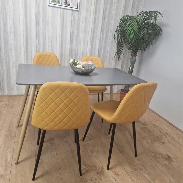 Kosy Koala Wooden Rectangle Dining Table Set Grey Table with 4 Mustard Gem Patterned Chairs
