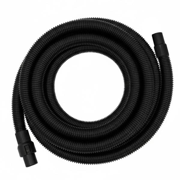 Flexible 5m black vacuum hose with ribbed texture, featuring connectors on both ends for easy attachment to vacuum cleaners