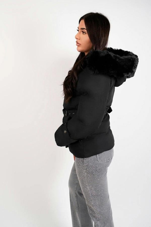 Serelina Belted Puffer Jacket With Faux Fur Hood - Beige