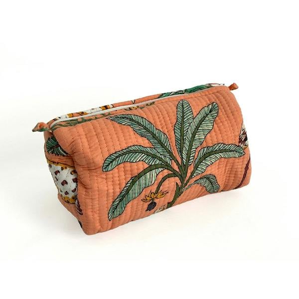 Hayley & Co Jungle Print Cotton Washbag, Make Up Bag, Pencil Case with Waterproof Lining - Jungle Animal Print in Peach