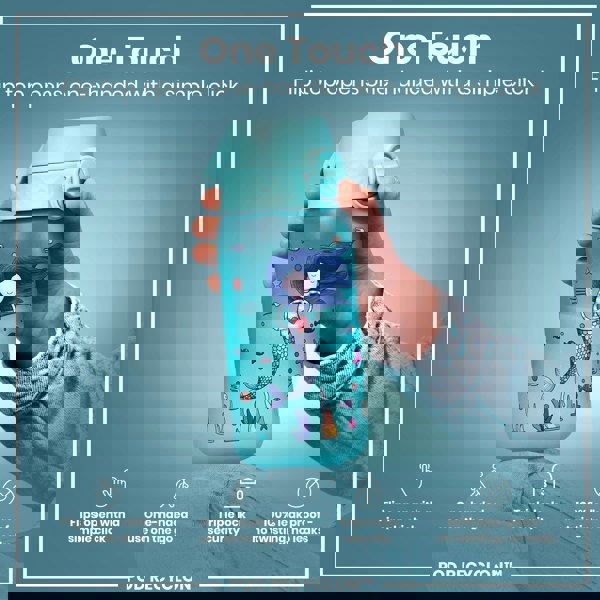 A teal water bottle, featuring a mermaid design, is held; its flip top opens with a single click. The bottle is shown against a teal backdrop. "One Touch. Flip top opens one-handed with a simple click. Flips open with a simple click. One-handed use on the go. Triple lock security. 100% leak proof - no twisting, no leaks. POD RECYCLON™"