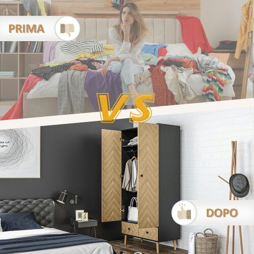 Wyld Haus Belavyn Black and Natural Chevron Wardrobe With Hanging Rod Top Shelves And 2 Drawers