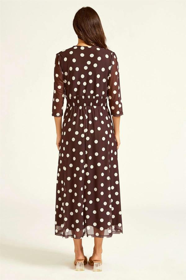 FS Collection Polka Dot Mesh Wrap Neck 3/4 Sleeve Midi Dress In Brown