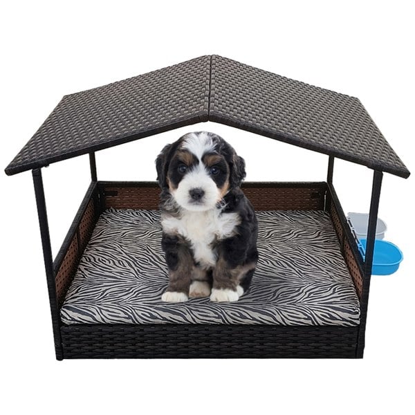 Furniture One Outdoor Rattan Wicker Dog House with Canopy, Outside Dog Shelter with Removable Cushion Lounge, Dog Bowl & Washable Cover