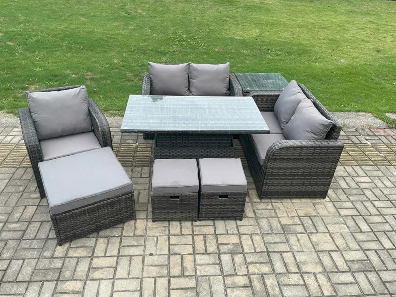 Fimous 8 Seater Rattan Furniture Garden Dining Set Outdoor Height Adjustable Rising lifting Table Love Sofa Chair With Side Table 3 Footstools