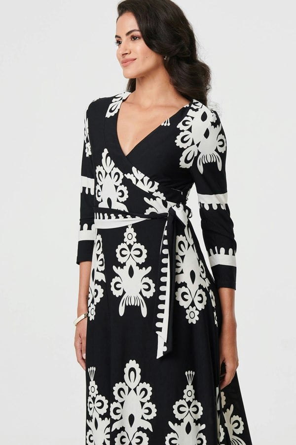 Black | Ikat Print 3/4 Sleeve Wrap Maxi Dress
