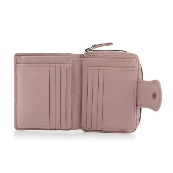 Pink wallet with a zipper on a white background