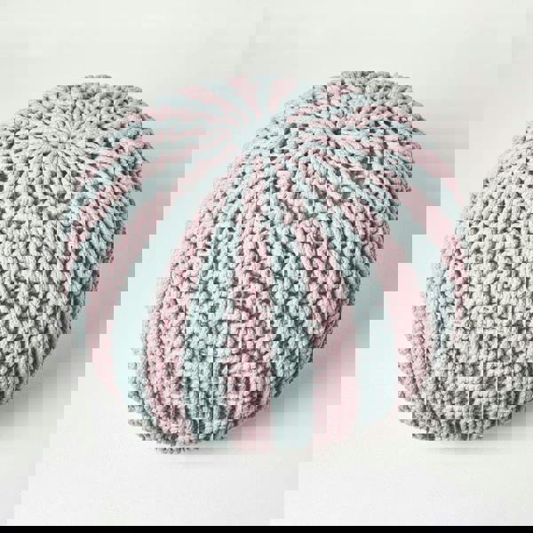 HOMESCAPES Pink and Blue Knitted Pouffe Striped Footstool