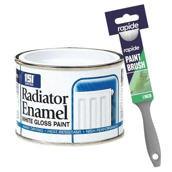151 Radiator Enamel White Paint Tin 180ml With 1" Paint Brush