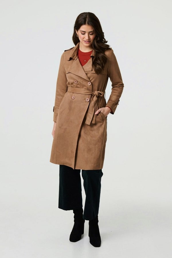 Brown | Suede Tie Waist Button Front Trench Coat
