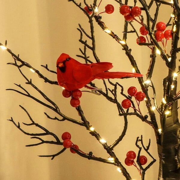smartbies Pre Lit Birch Christmas Tree with Led Lights And Birds - Red
