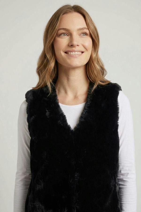 Black | Faux Fur Longline Open Front Gilet