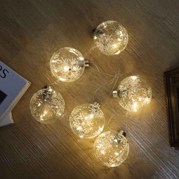 Set of 6 Clear Snowflakes Ball Christmas Glass LED Light Hanging Ornaments Living and Home