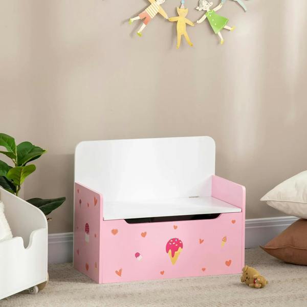 Pink kids storage bench toy box with closed hinged lid and safety rod
