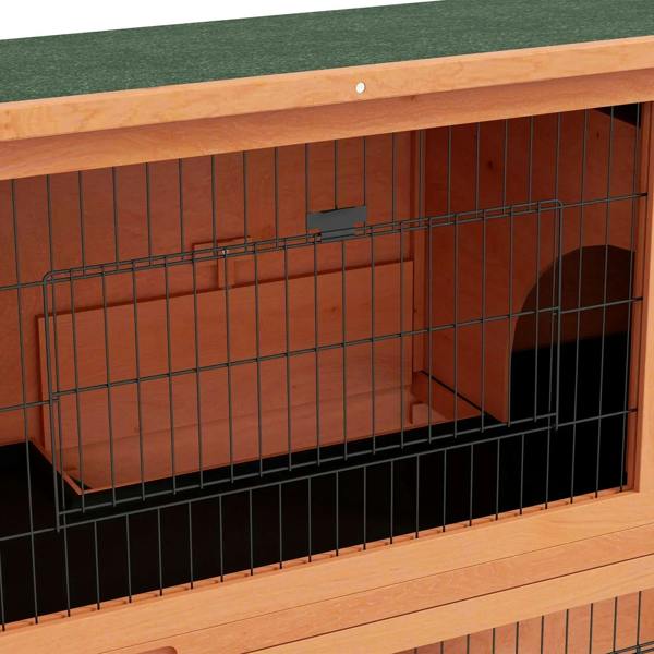 Orange wooden hutch with black wire mesh front panels and internal support rails