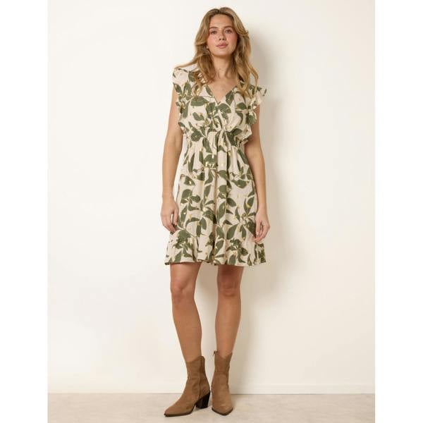 Blue Vanilla Tropical Print Wrap Over Mini Dress With Flutter Sleeve