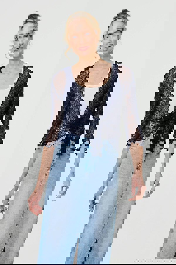 Navy | Sheer 3/4 Sleeve Open Front Cardigan
