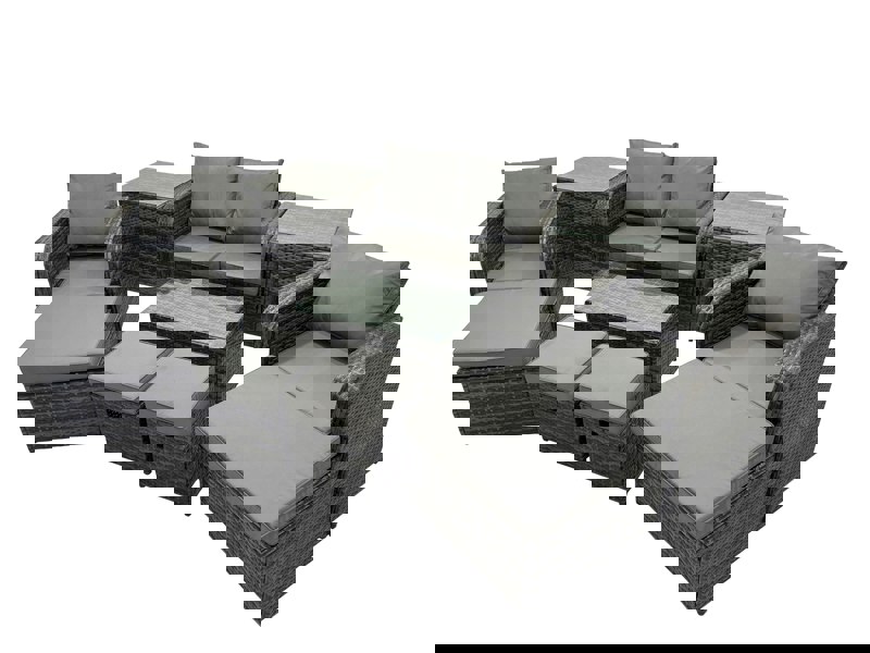 Fimous Outdoor Love Sofa Reclining Chair Coffee Table Set Garden Rattan Furniture Set 8 Seater with 4 Stools 2 Side Tables Dark Grey