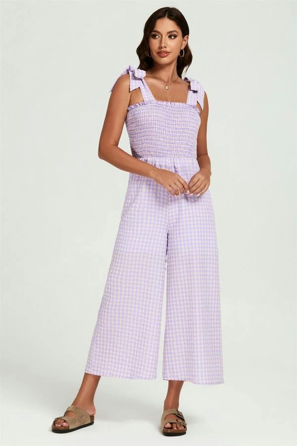 FS Collection Check Print Tie Detail Jumpsuit In Purple & Pink