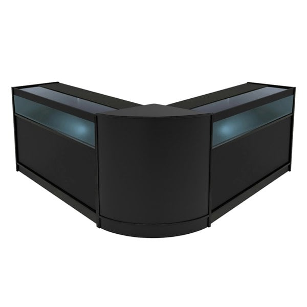 Black Iris LED shop counter set featuring a sleek, modern design with glass display tops and illuminated shelves, ideal for retail spaces