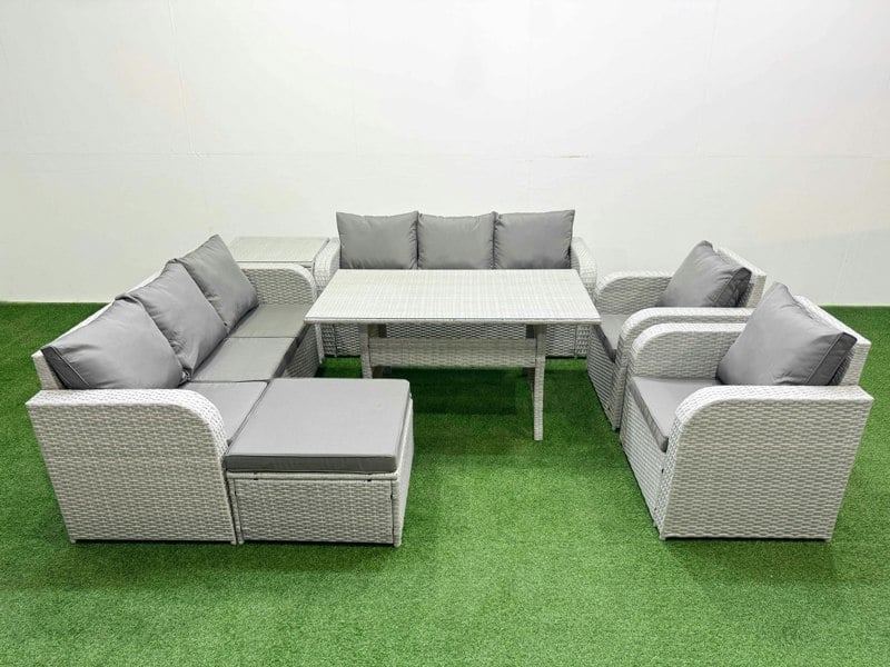 Fimous Light Grey PE Rattan High Back Lounge Set - Rectangular Dining Table, 3-Seater Sofa, Reclining Chair & Big Footstool