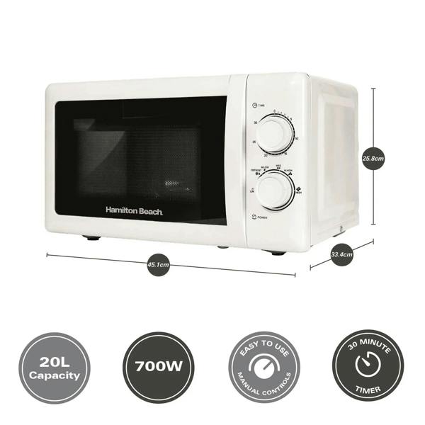 Hamilton Beach 20L Manual Microwave With Stainless Steel Cavity - White - Hamilton Beach UK