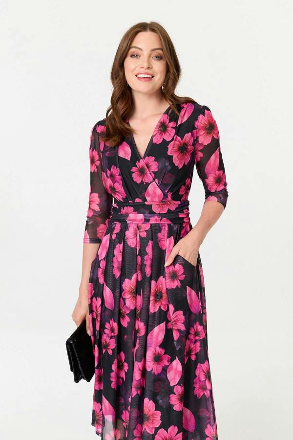 Black | Floral Pleated V-Neck Wrap Midi Dress