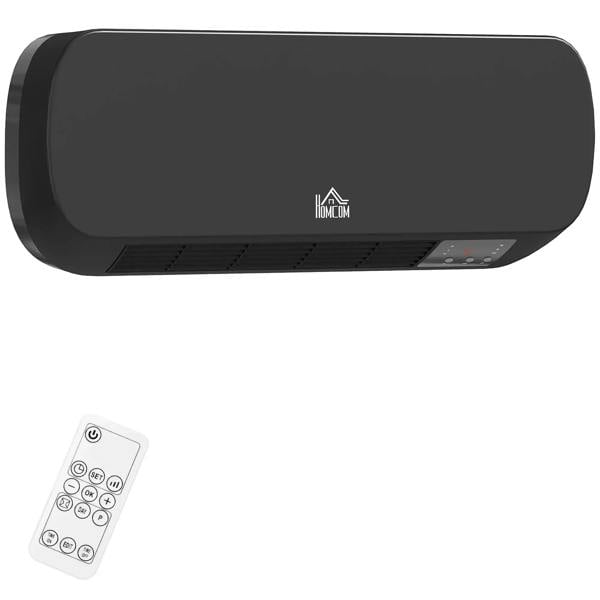 Black wall-mounted ceramic space heater with LED control panel and remote control