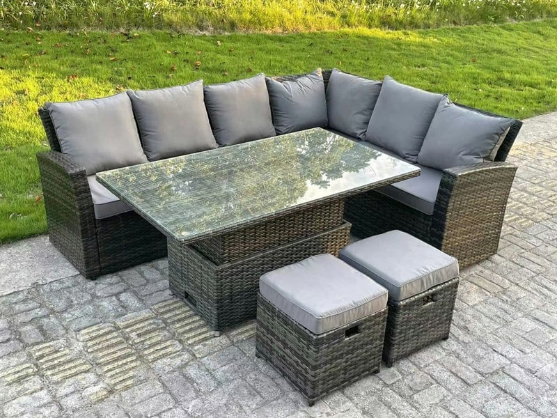 Fimous High Back Rattan Garden Furniture Corner Sofa Sets Adjustable Rising Table Dark Mixed Grey 8 seater right corner