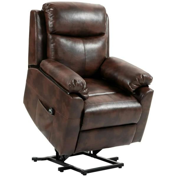Dark brown faux-leather electric recliner chair with lift base and padded armrests