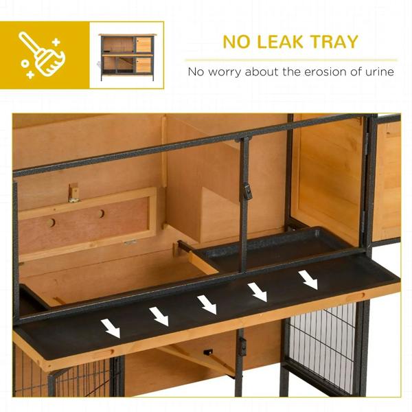 Rabbit hutch with no-leak tray base and open compartments, black tray surface along the bottom