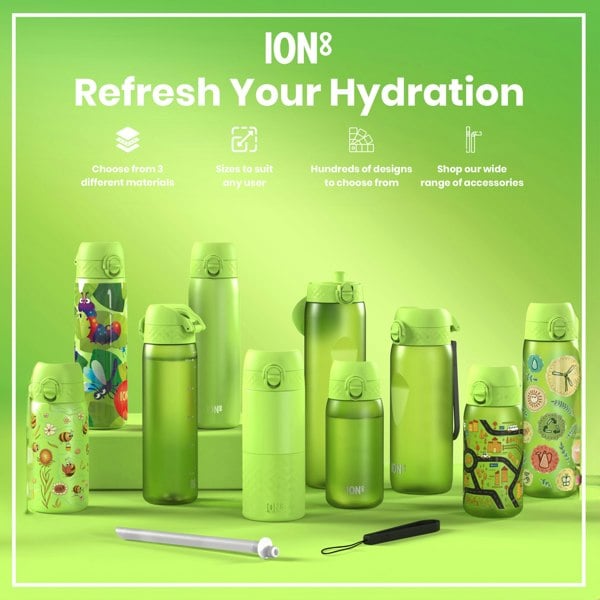 Several green ION8 water bottles, of varying sizes and designs, are displayed on a lime green surface. A straw and carrying strap are also shown. The text reads: "ION8 Refresh Your Hydration", with options for material, size, design, and accessories.